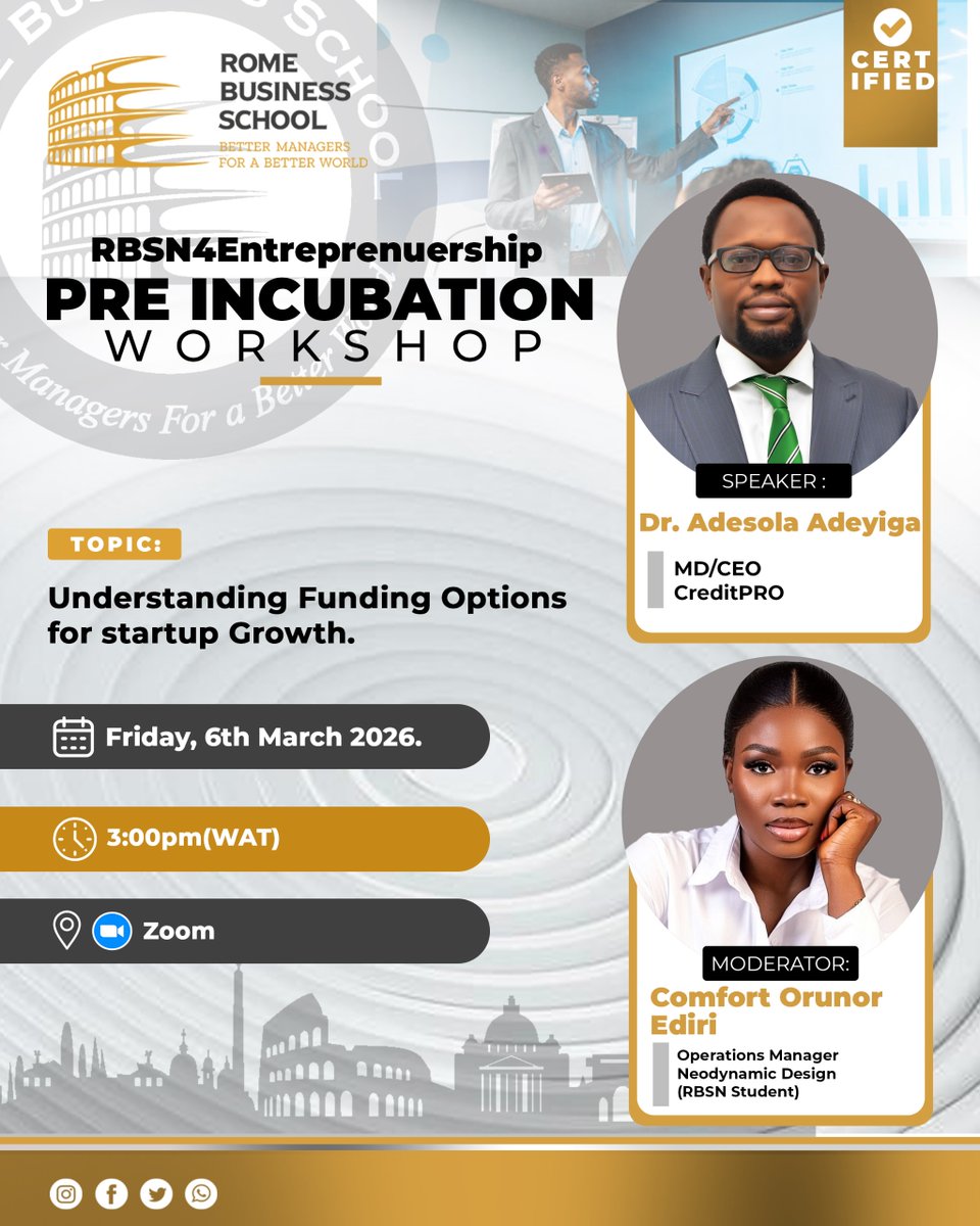 RBS_NG's tweet photo. 💡Join the RBSN4Entrepreneurship Pre-Incubation Workshop and learn practical strategies to attract investors and scale your business

Led by Dr. Adesola Adeyiga (MD/CEO, CreditPRO) 

🗓 Fri, 6th March 2026
⏰ 3:00 PM
📍 Zoom
👉 Enroll: https://t.co/vj8Gn3KAcH
#RBSN #StartupGrowth https://t.co/nyRWuL3KH7