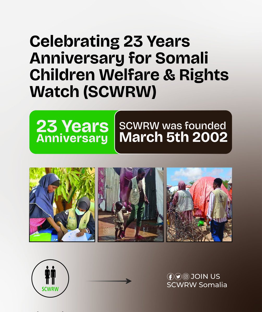 ScwrwS's tweet photo. 🎉 Celebrating 23 Years of Somali Children's Welfare and Rights Watch! 🎉

Today marks a significant milestone as we commemorate 23 years of our dedicated work towards the well-being and rights of Somali children. 

@unicefsomalia @SaveChildrenSO @iom_somalia https://t.co/8iKFKmhtvk