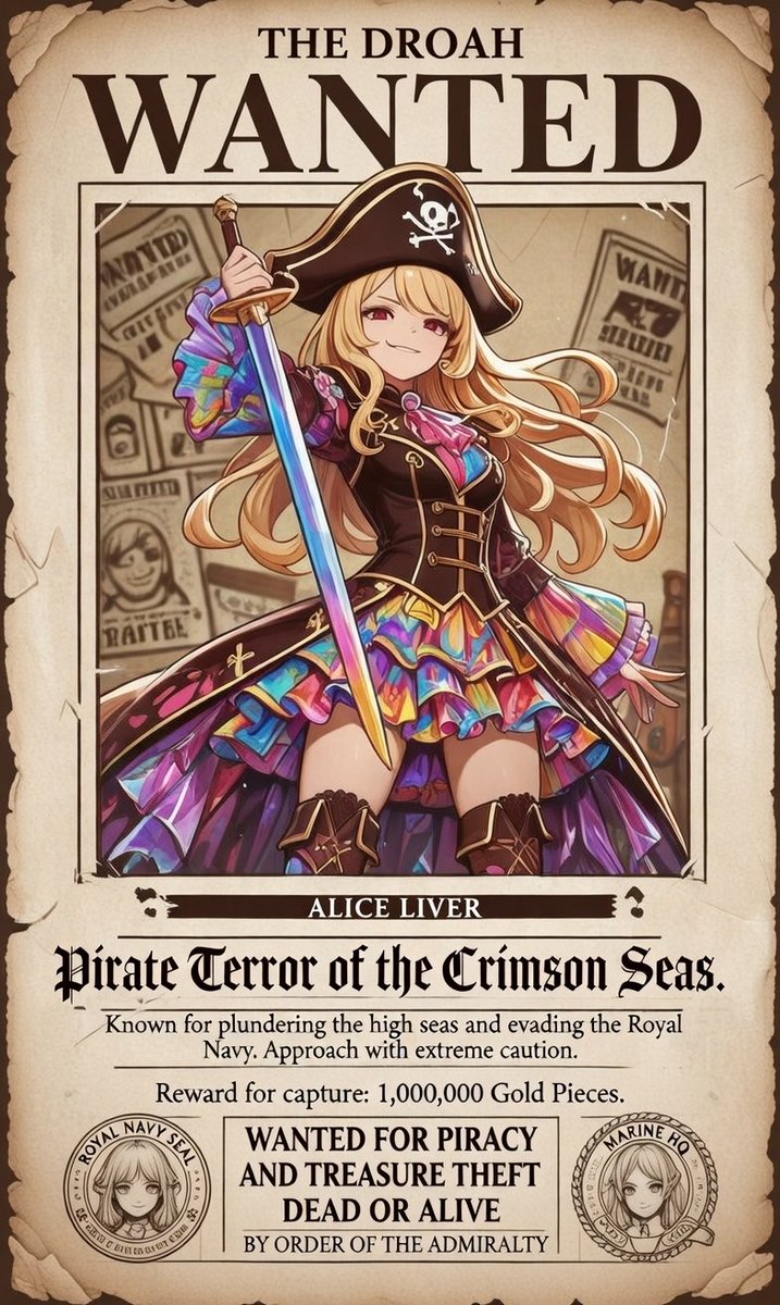 『指名手配書の裏側』

指名手配書を刷る仕事は、海より乾いている。  
活字を並べ、顔を載せ、罪状を太字にする。  
懸賞金にゼロを足して、人の人生を“紙の厚み”に変える。

その日、黒インクがなぜか甘い匂いをした。  
見本の紙には、金髪の女海賊が笑っている。