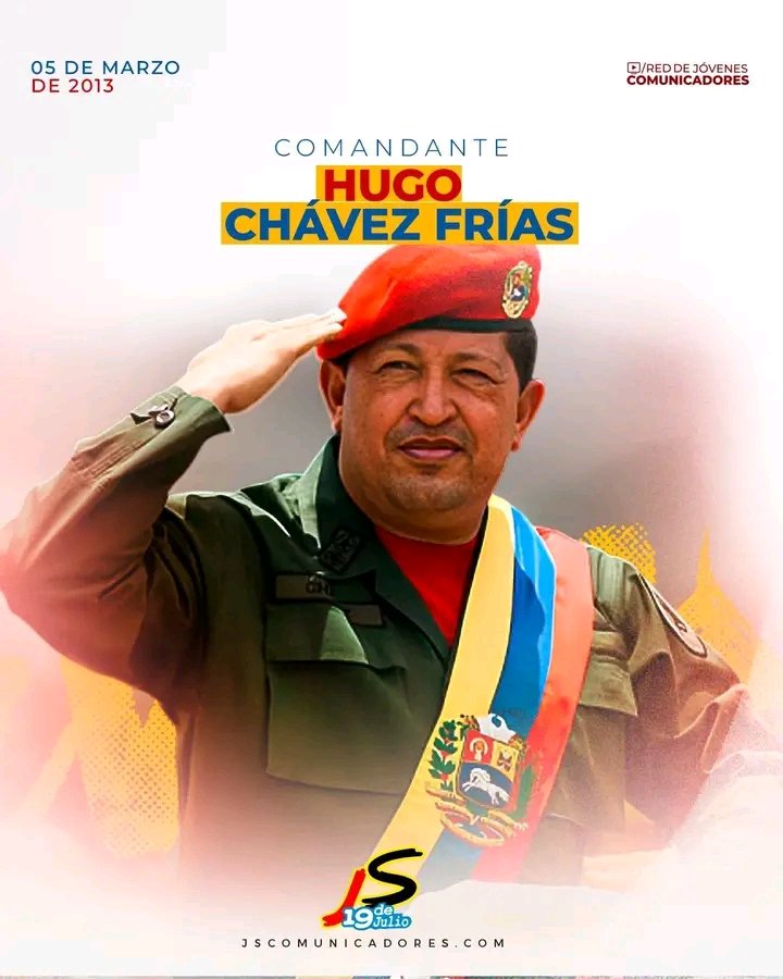 Hoy recordamos al Comandante eterno, Hugo Chávez, quien dejó un legado imborrable en el corazón del pueblo venezolano. Su voz y su lucha siguen vivos en millones que creen en la justicia social y la dignidad de la Patria. 

¡Chávez vive en el Pueblo! ❤️💛💙 #ChávezVive #5DeMarzo