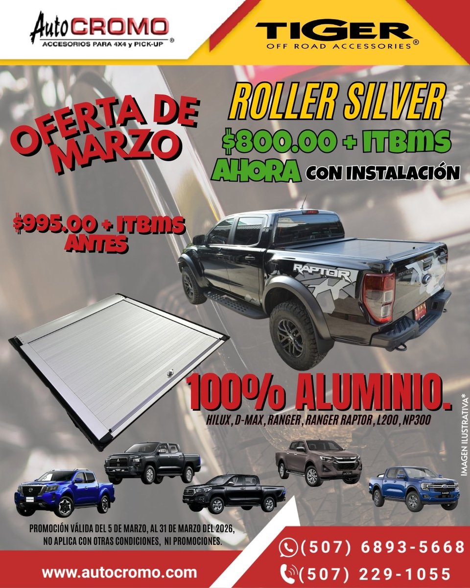 En Auto Cromo no nos quedamos cortos con las promociones 😎🔥
Aprovecha el ROLLER SILVER por solo $800 + ITBMS 
✨ Incluye instalación completamente GRATIS
✨ Calidad comprobada, más de 15 años en el mercado
✨ 100% aluminio — con mantenimientos al día se mantiene como nuevo.