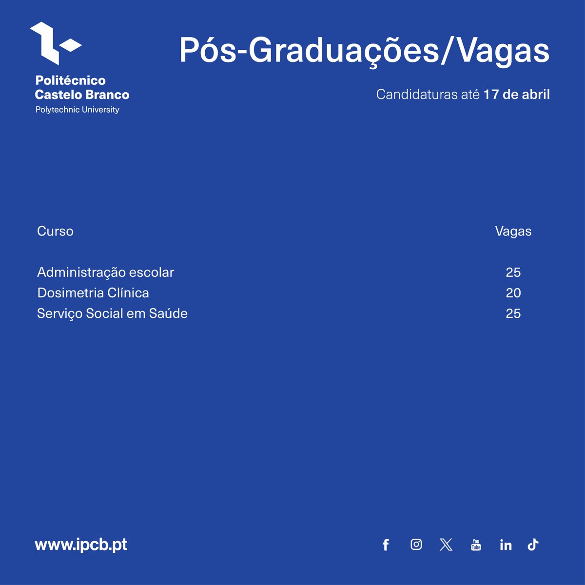 IPCBoficial's tweet photo. Venha especializar e aprofundar os seus conhecimentos com um mestrado ou pós-graduação no IPCB!

📅 As candidaturas terminam a 17 de abril.

Quer saber mais❓
🌐 https://t.co/2P52TPiWaS l 📩 academicos@ipcb.pt https://t.co/wGRzRnTznZ