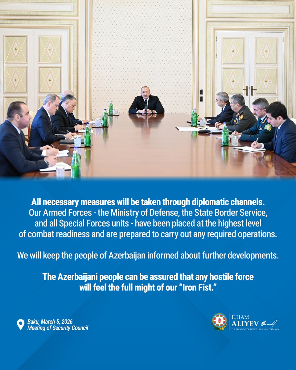 presidentaz's tweet photo. The Azerbaijani people can be assured that any hostile force will feel the full might of our “Iron Fist.” https://t.co/dpRBUKwGYG