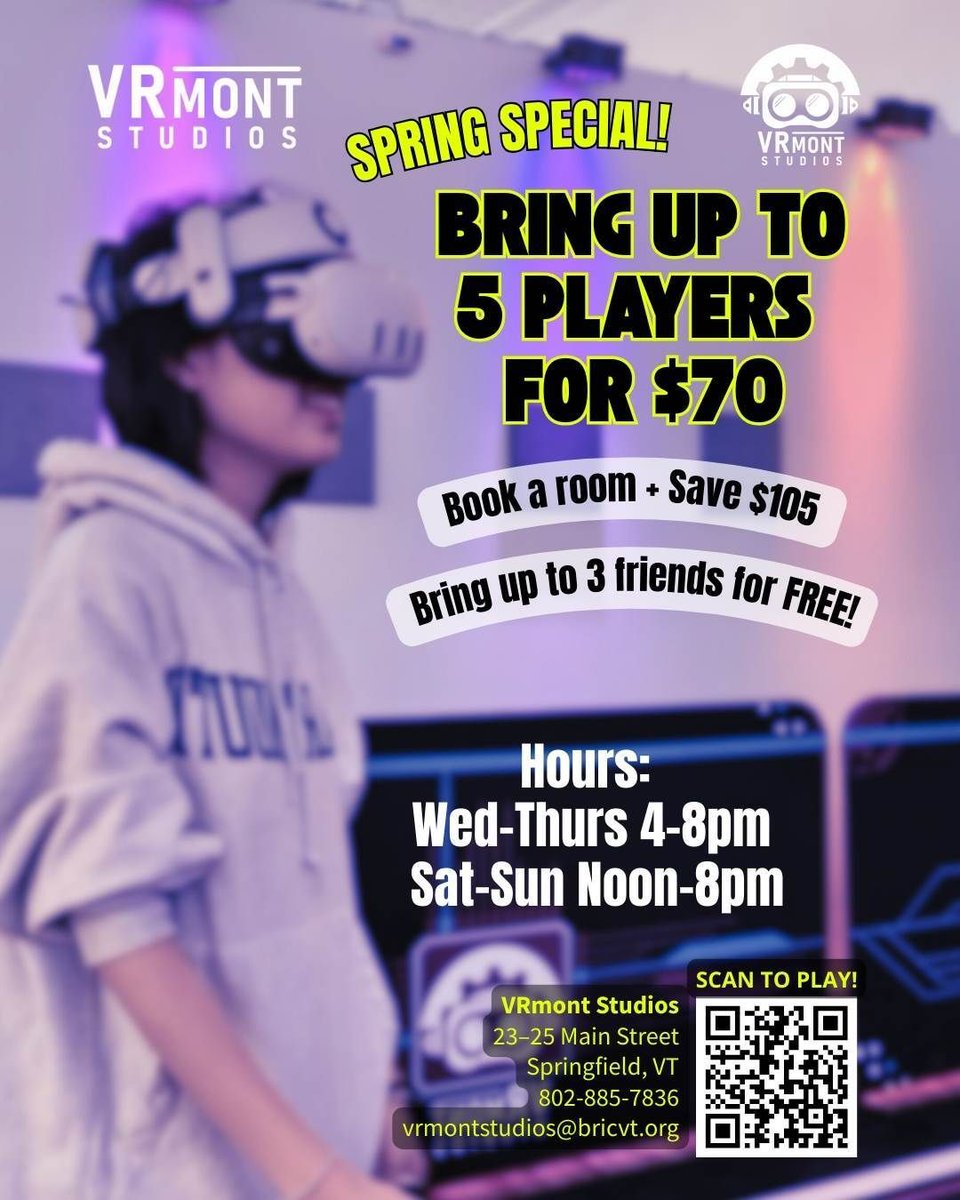 BRICvt's tweet photo. 🚨 Winter just got WAY more fun 🚨

🎮 Bring up to 5 players for $70
Book a room, bring friends for FREE!
💥 Save up to $105.

Grab your crew and try our immersive VR Escape Rooms at #VRmontStudios.

👉 Book now:
https://t.co/Q0wXqvFizT

#SpringfieldVT #ThingsToDoVT #EscapeRoom https://t.co/aPEClXKBwk