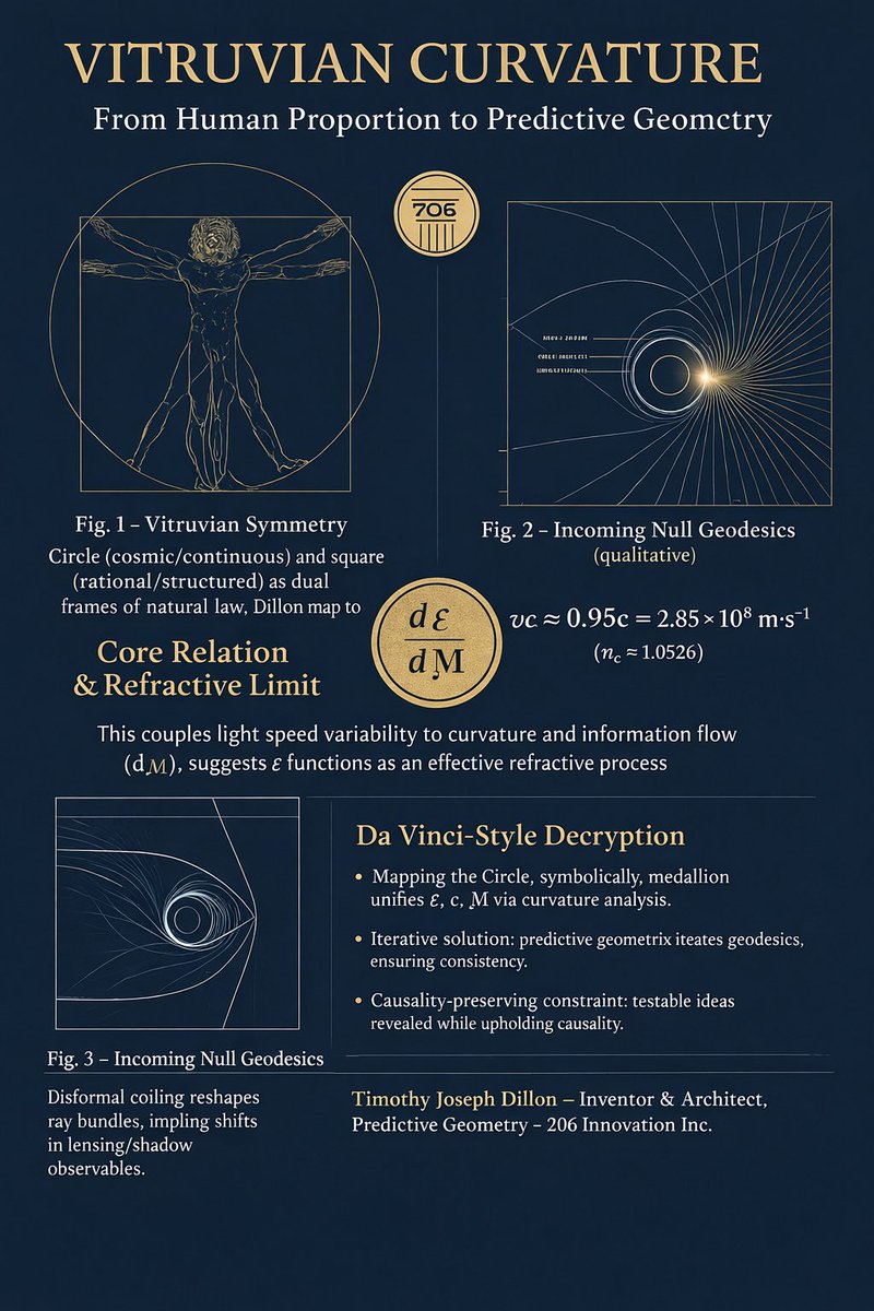 DillonTimothyJ's tweet photo. I just released a draft on “Vitruvian Curvature” — mapping null geodesics to an optical-metric / refractive-index computation, then validating against GR benchmarks (light bending + Shapiro delay).

Predictive Geometry = iterative ray propagation + convergence checks, always tied to testable observables.

#GeneralRelativity #GravitationalLensing #NullGeodesics #Physics #ComputationalPhysics #RayTracing #BlackHolePhysics #ScientificComputing #206Innovation #TimothyJDillon