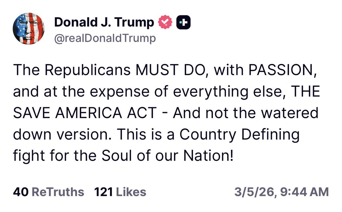 Why are Senate Republicans not listening to President Trump?

He couldn’t be more clear: Pass the SAVE America Act.