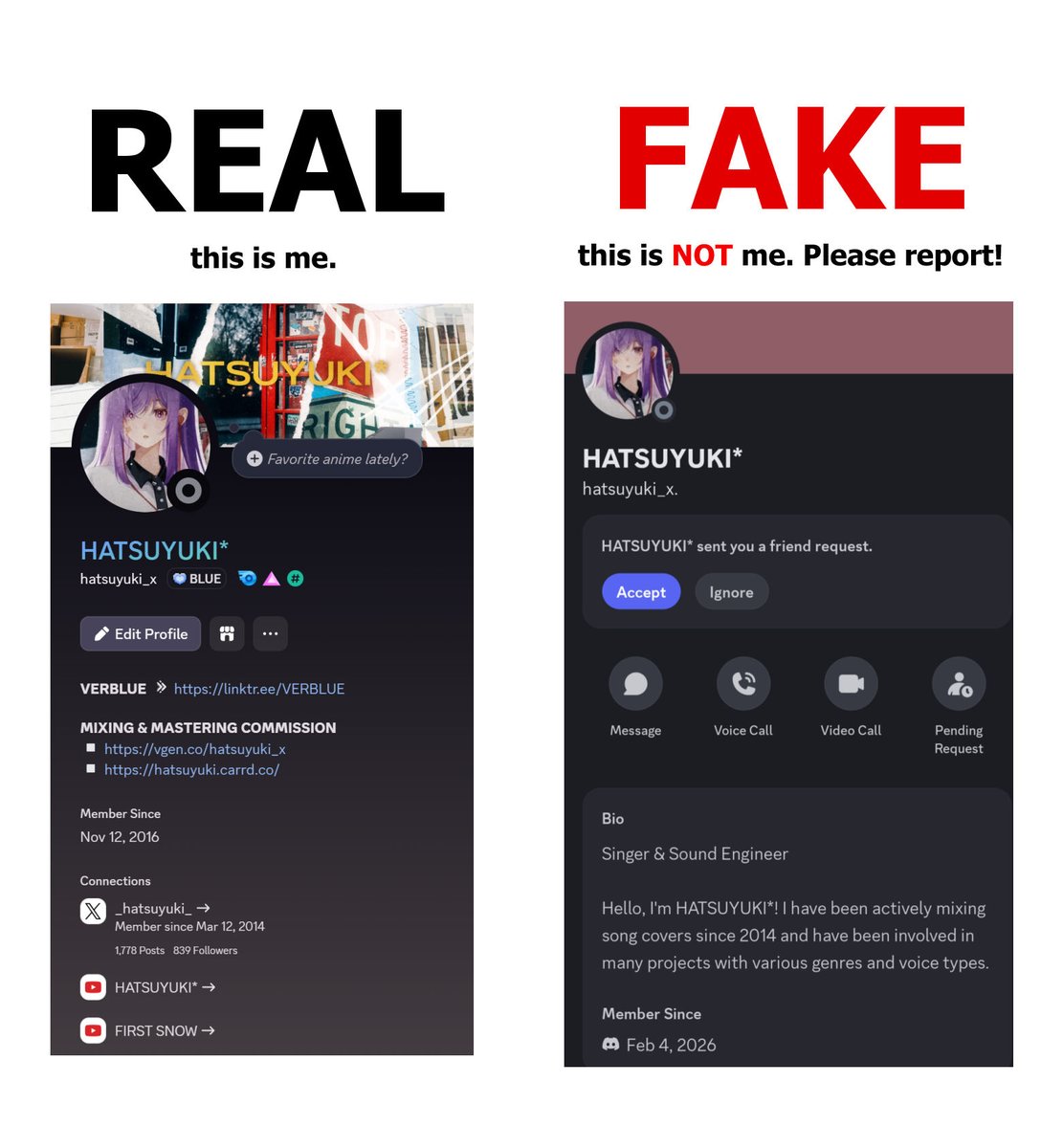 It just came to my attention that someone on Discord is impersonating me...
My only account is "hatsuyuki_x". So if anyone got a DM from a user claiming to be me, but with a different username, please report for impersonation! Thank you! 🙇‍♀️
