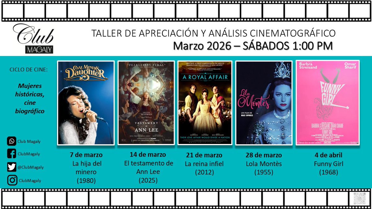 ClubMagaly's tweet photo. Ciclo de cine en marzo: “Mujeres históricas, cine biográfico”. Todos los sábados, 1p.m.

7 de marzo - La hija del minero
14 de marzo - El testamento de Ann Lee
21 de marzo - La reina infiel
28 de marzo - Lola Montès
4 de abril - Funny Girl https://t.co/GX2wgLz9zs