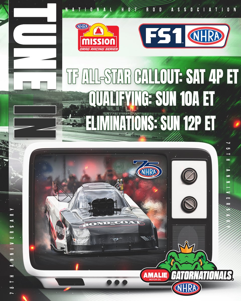 NHRA's tweet photo. The 2026 season starts this weekend! Here’s where you can catch the action from the Amalie Motor Oil #Gatornats with #NHRAonFOX! 

Right Trailers Top Fuel All-Star Callout:
Saturday 4p ET on FS1
 
Qualifying:
Sunday 10a ET on FS1
 
Eliminations:
Sunday 12p ET on FS1 https://t.co/10RITu08x7