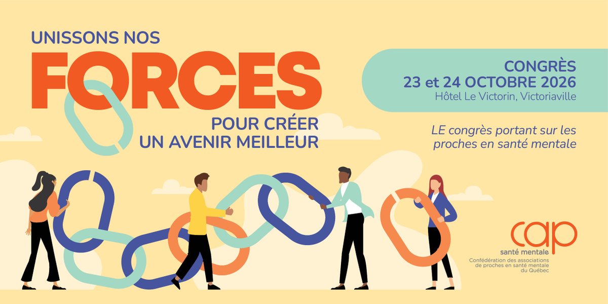 CAP_SMQ's tweet photo. [À VOS AGENDAS] 🌟 Congrès 2026 CAP santé mentale

📆 23-24 oct | Hôtel Le Victorin, Victoriaville
Sous le thème «Unissons nos forces pour créer un avenir meilleur», ce congrès rassemblera tous les acteurs engagés auprès des proches en santé mentale.

📌 Réservez ces dates! https://t.co/DmCngXqMOY