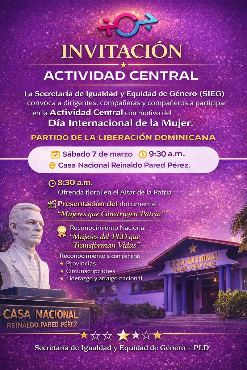 siegpld's tweet photo. Este sábado 7 de marzo
8:30 a. m. Ofrenda floral en el Altar de la Patria
9:30 a. m. Casa Nacional Reinaldo Pared Pérez
Actividad: “Mujeres que Transforman Vidas”.
Un espacio para reconocer a mujeres que aportan al cambio de nuestra sociedad.
¡Les esperamos! 💜 https://t.co/okALEqYX8b