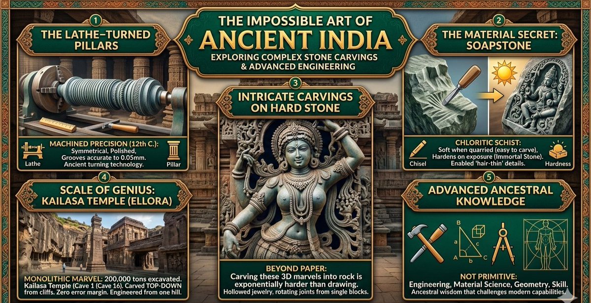 Most of us struggle to sketch a perfect circle on a flat sheet of paper. But 900 years ago, our ancestors were "turning" massive stone pillars on lathes and carving "hair-thin" jewelry into hard stone that today's machinery would struggle to replicate.
#AncientEngineering