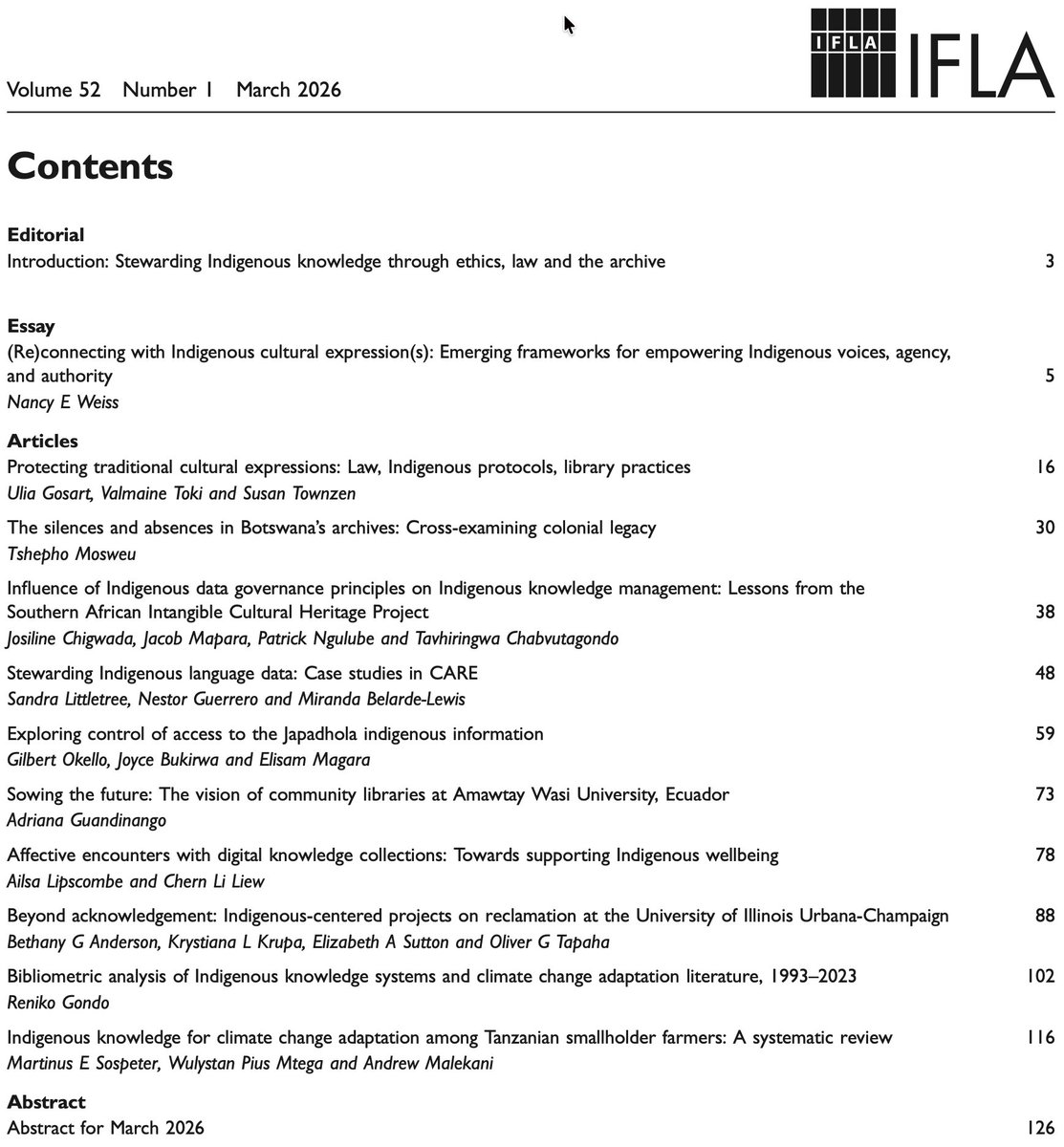 infodocket's tweet image. Now Available Online (Full Text): Special Issue of IFLA Journal (March 2026) Devoted to #Indigenous #Knowledge repository.ifla.org/items/cce7bcf8… #libraries @IFLA