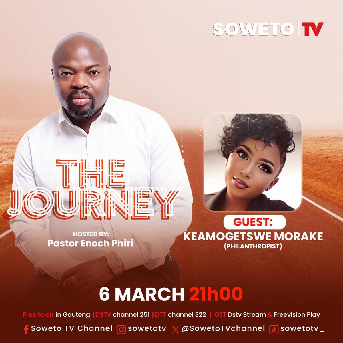 SowetoTVchannel's tweet image. ✨ THE JOURNEY ✨
Join Enoch Phiri on The Journey with special guest Keamogetswe Morake. 🌟

🗓️ 6 March 2026
🕘 21:00
📺Free to air in Gauteng | DStv Channel 251 | DTT Channel 322 | OTT (DStv Stream &amp;amp; Freevision Play)

#SowetoTV #TheJourney