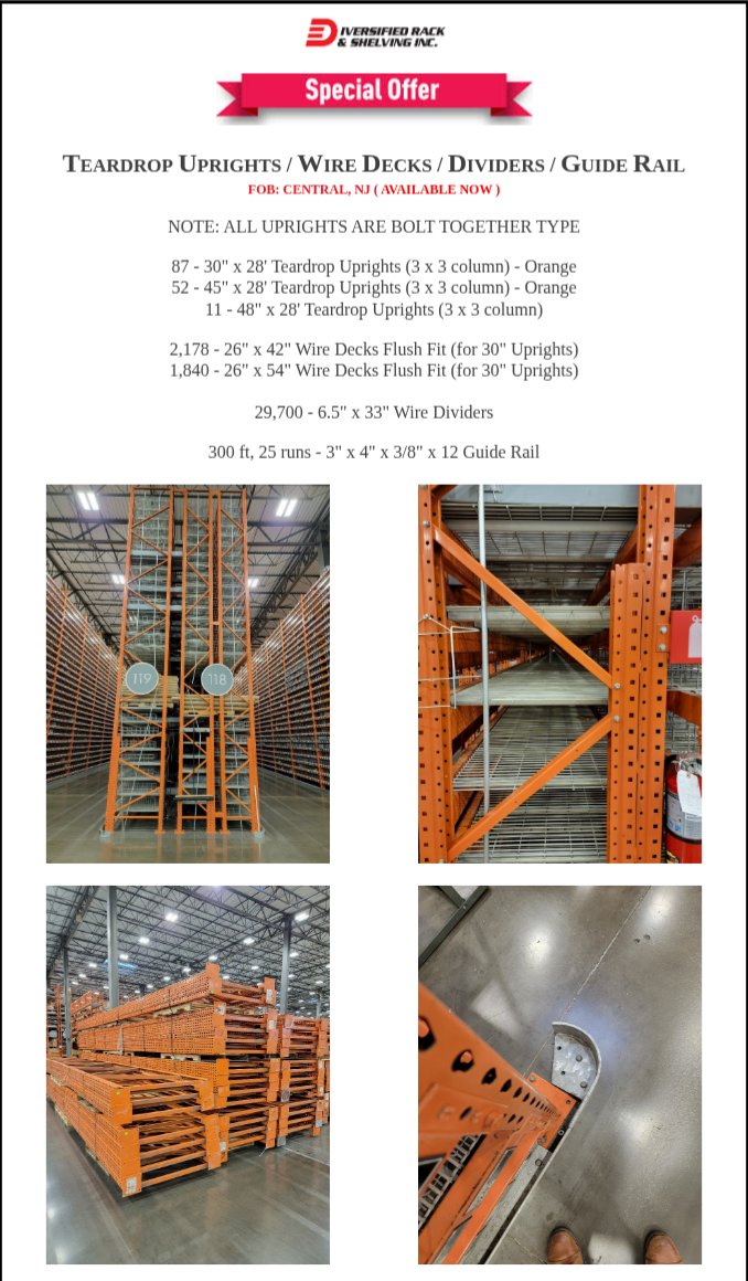 diversifiedrack's tweet photo. 🔓Unlock the full potential of your warehouse space with this special offer on Teardrop Pallet Racking! Upgade your storage space now! For a free quote, visit our website or call (609) 448-6262.  #StorageSolutions #warehouse #logistics #palletracking #forsale https://t.co/LM7ZmTcvGY