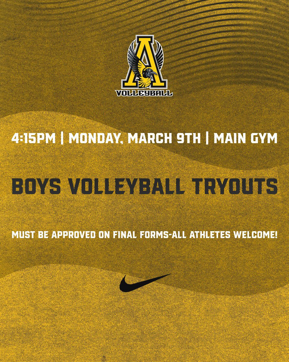 AvonSportsMed's tweet photo. Boys Volleyball Tryouts on Monday, March 9th at 4:15 PM in the Main Gym. Let’s go O’s!! https://t.co/WgtFHH7RNi