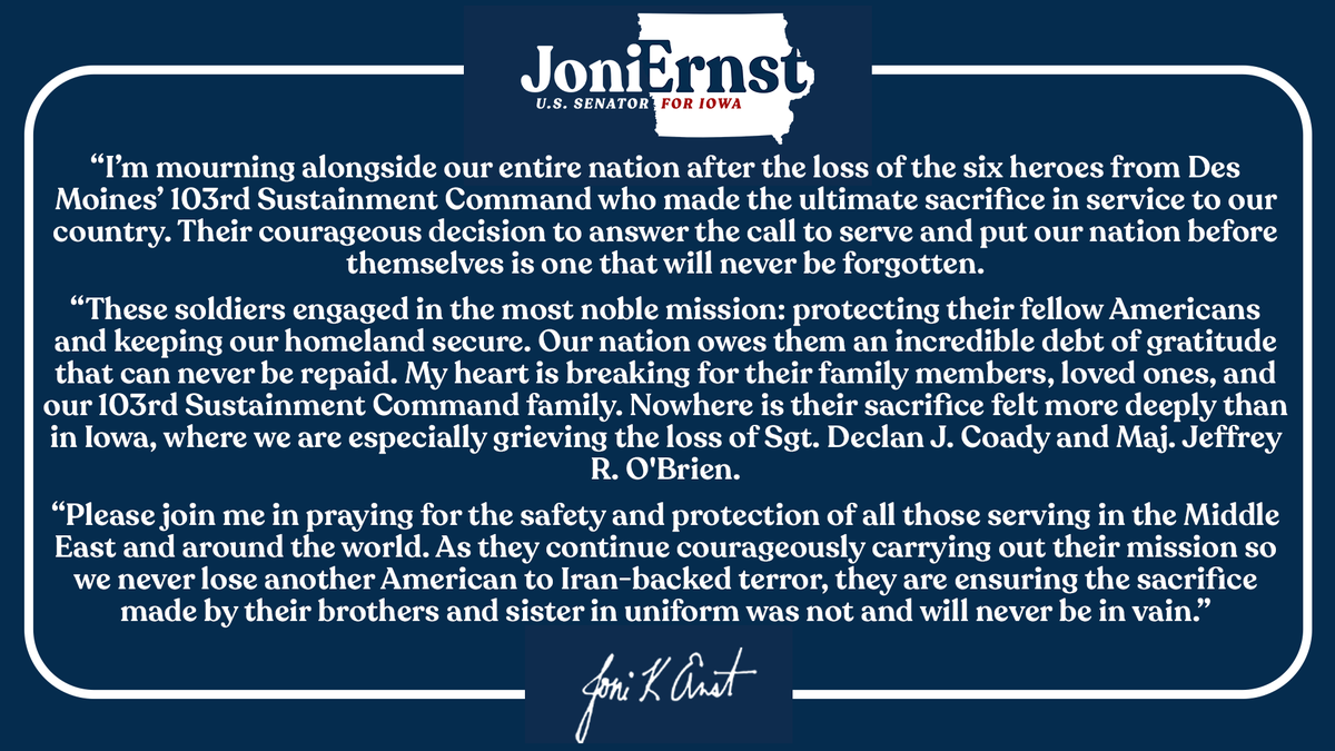 SenJoniErnst's tweet photo. My full statement on the fallen heroes from the 103rd Sustainment Command👇 https://t.co/TwOIsbqLqv
