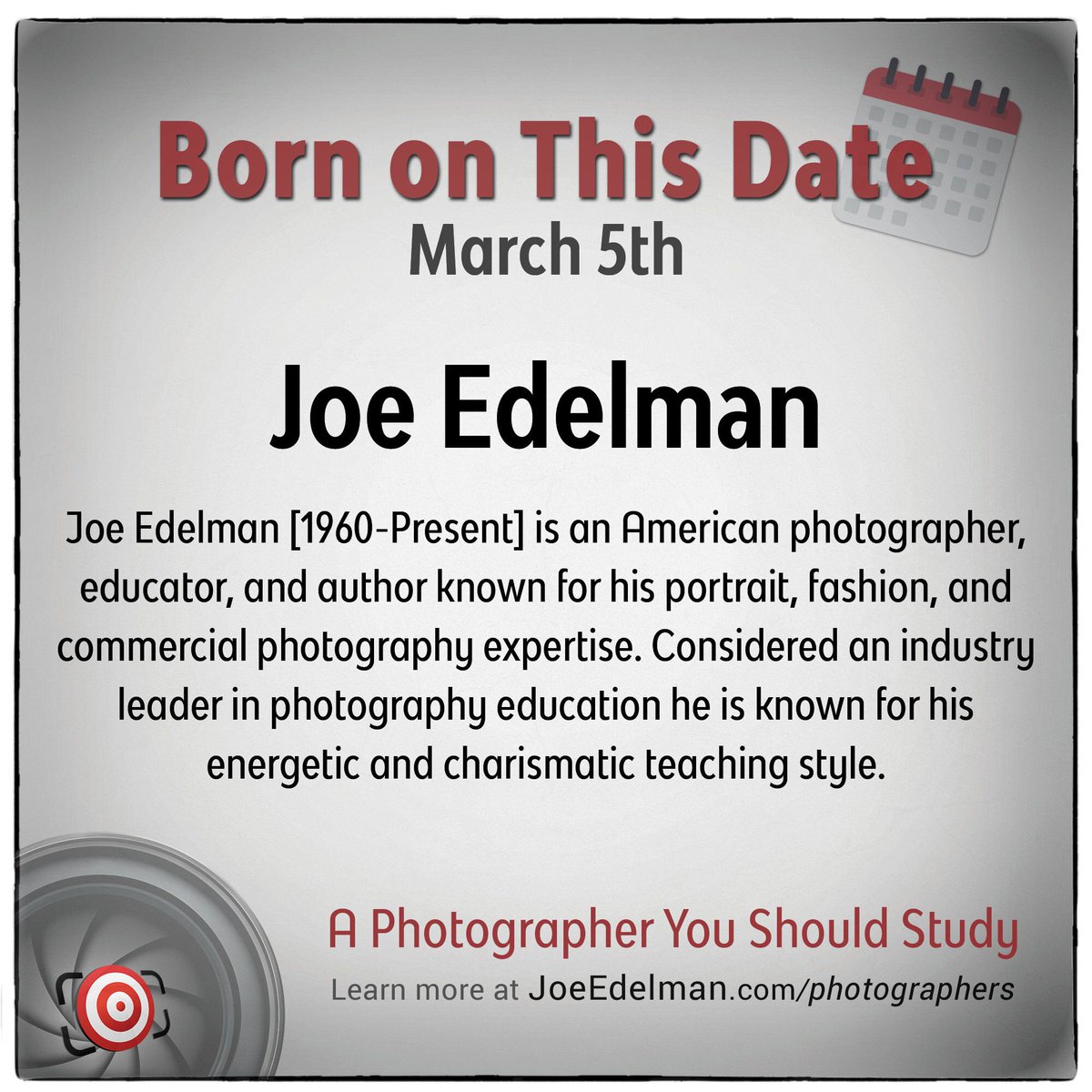 American photographer Joe Edelman was born in Lansdale, Pennsylvania on this date (3/5) in 1960.

➡️ Learn more about him and view his work at: joeedelman.com/edelman-joe

#Photography #BornOnThisDay #photographertostudy