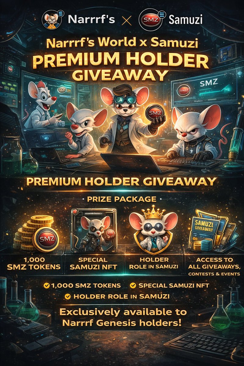 🎁 HOLDERS GIVEAWAY  Narrrf’s World × SamuziNFT 🎁

The lab teamed up with our friends from <a href="/samuziNFT/">SAMUZI</a>  to drop something special for the mice.

🏆 PRIZE PACKAGE

🔴 1,000 SMZ Tokens ( Tradable)
🎨 Special Samuzi NFT
👑 Samuzi Holder Role
🎟️ Access to all Samuzi giveaways,