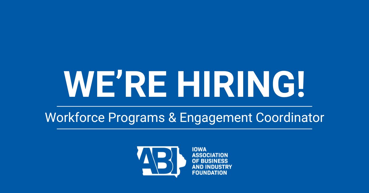 IowaABI's tweet photo. We’re hiring! 🔊The ABI Foundation is looking for a Workforce Programs & Engagement Coordinator to support our statewide workforce and leadership programs, including @LeadershipIowa, @BizHorizonsIowa, and @LeadershipIowaU.

If you’re passionate about workforce development and ready to make an impact, we want to hear from you! Learn more and apply today: https://t.co/F9JsTwqCBE