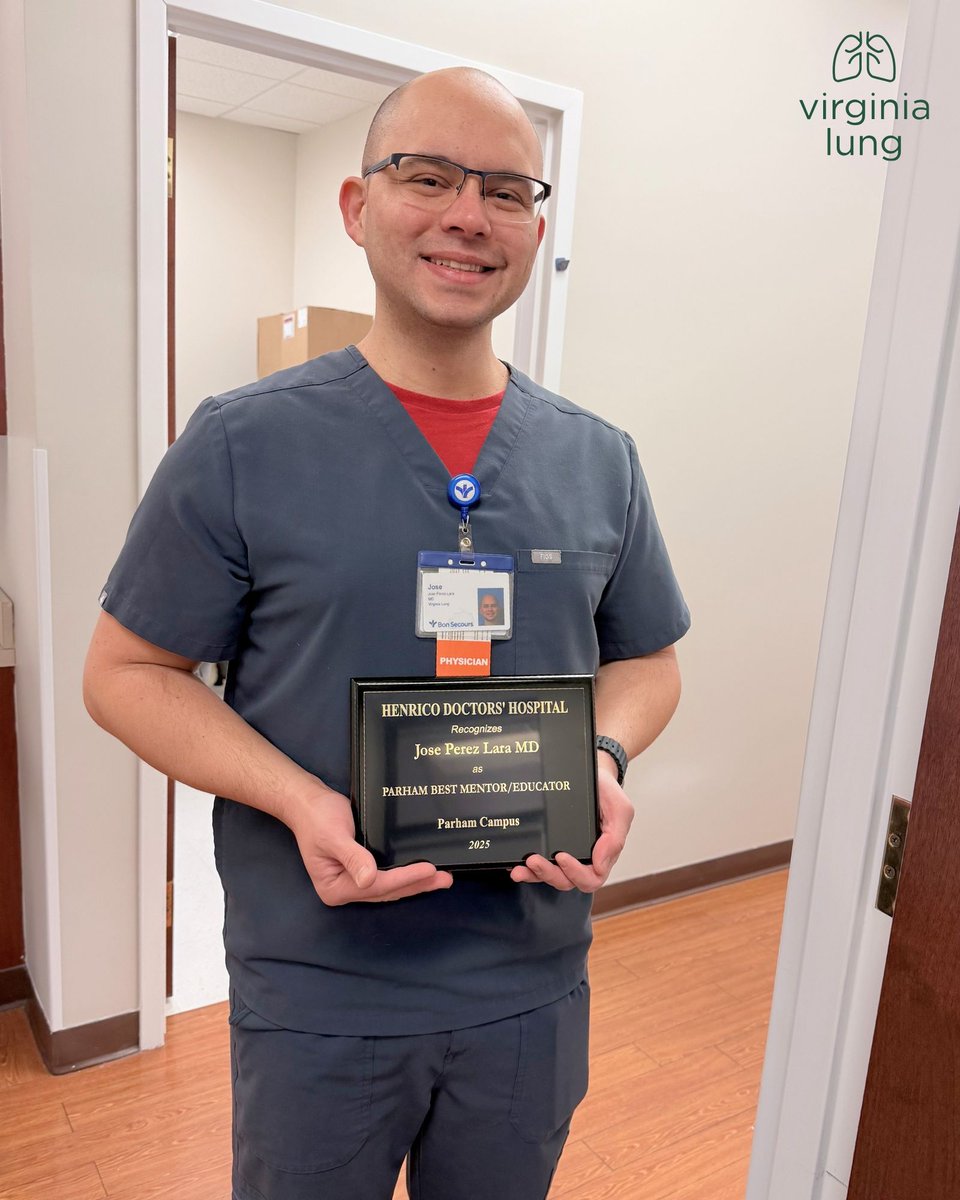 VirginiaLungRVA's tweet photo. Dr. Jose Perez-Lara was awarded Best Mentor/Educator at Henrico Doctors' Hospital! 🌟 Compassionate, expert care from our newest team member. 📞 Schedule your appointment today at 804-522-LUNG (5864) #VirginiaLung #Pulmonology https://t.co/m5XX4nhFI1