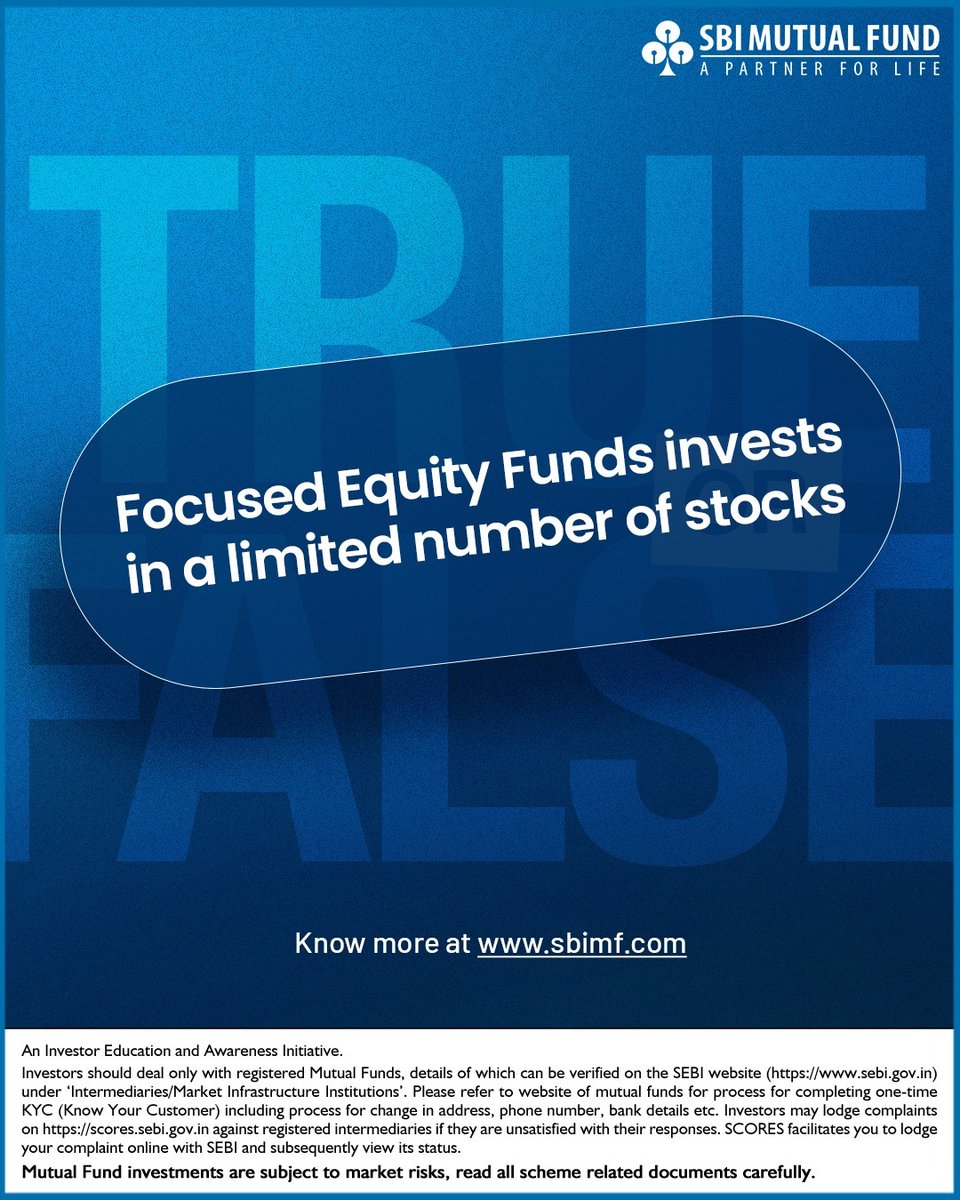 SBIMF's tweet photo. Thoughtful decisions can help create a sense of direction in investing. Some approaches are more selective in how they choose opportunities. What is your view? Comment True or False.
#SBIMutualFund #TruthorFalse #FocusedEquityFunds #SmartInvesting #WealthCreation #MutualFunds https://t.co/bNtBN2jW7k