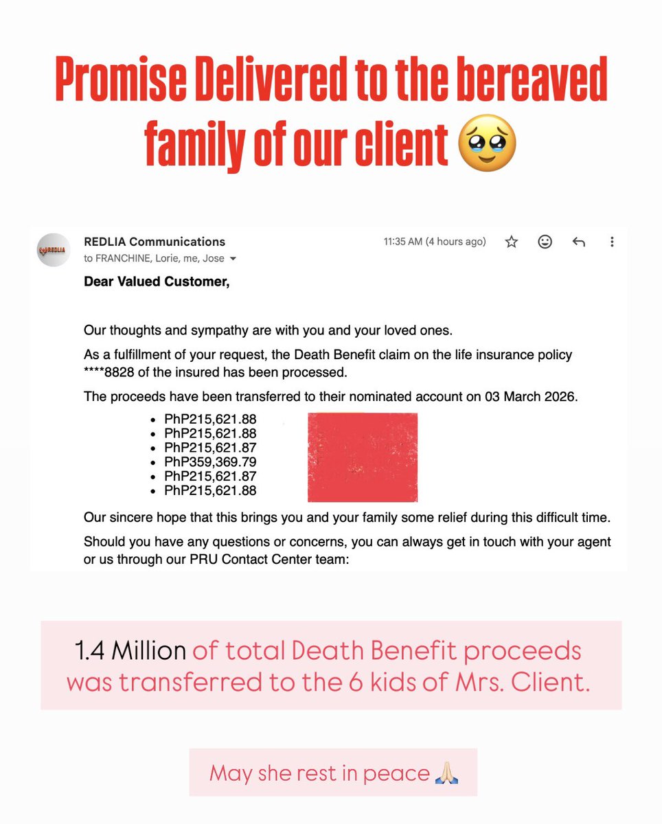 TonyEricson15's tweet photo. A parent’s love never stops caring for their children. 🥹

We just received an update today, the death claim proceeds of P1.4 Million were successfully credited to the six children of the insured—fulfilling a promise of protection and support even in their absence. https://t.co/55T3otP4sx