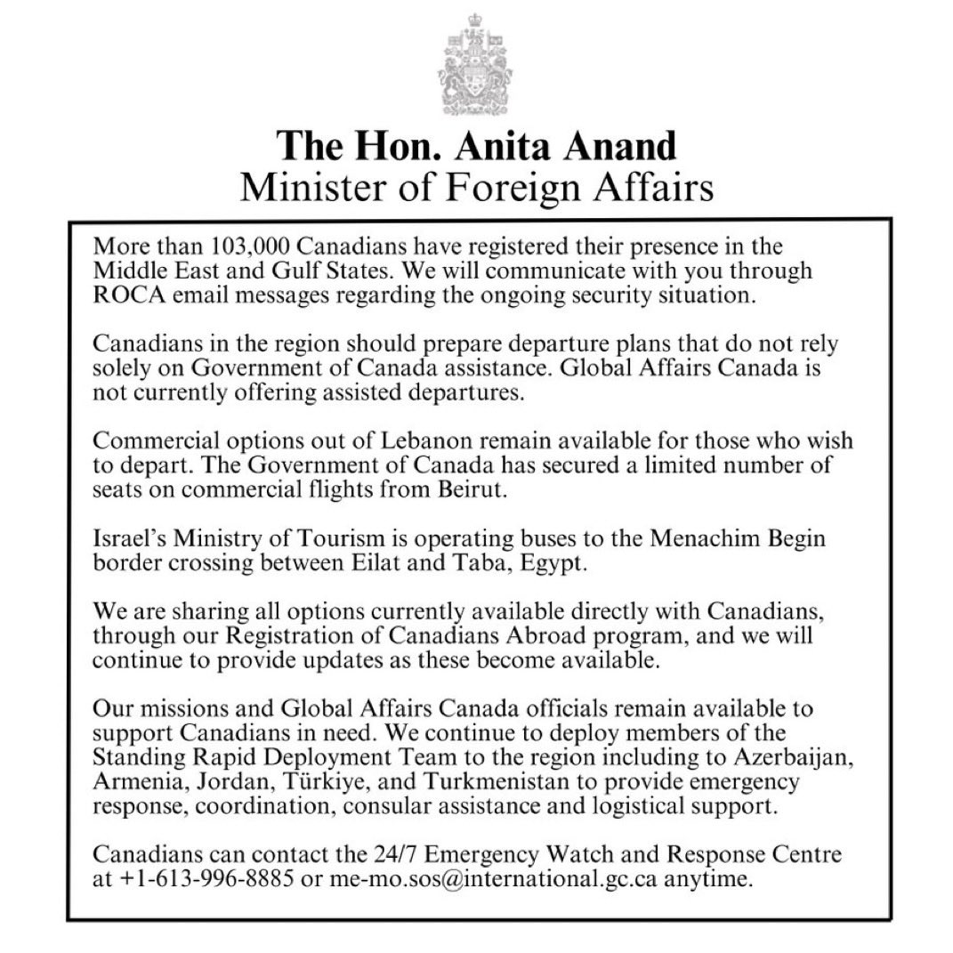 CanadainUAE's tweet photo. Update to Canadians on the ongoing situation in the Middle East from The Hon. Anita Anand, Canada’s Minister of Foreign Affairs. https://t.co/XyzinP6ILi