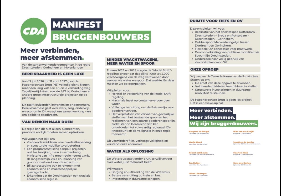 Als 9 CDA-lijsttrekkers vroegen we aandacht voor mobiliteit in de regio Drechtsteden, Gorinchem en Molenlanden. De gevolgen van de afsluiting van de Papendrechtse brug baart zorgen. We overhandigden ons manifest aan CDA-kamerlid Boelsma. Goed om hier aandacht aan te geven!

#GR26