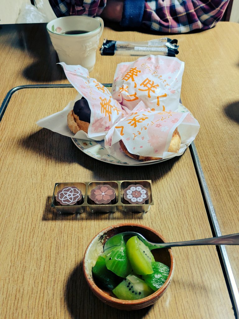 HaNageijutu's tweet photo. たまには食べ物を♪知り合いの所でいただいたデザートです🌸

＃シュークリーム　＃チョコ　＃プチ贅沢 https://t.co/KSw8Jmxvjf
