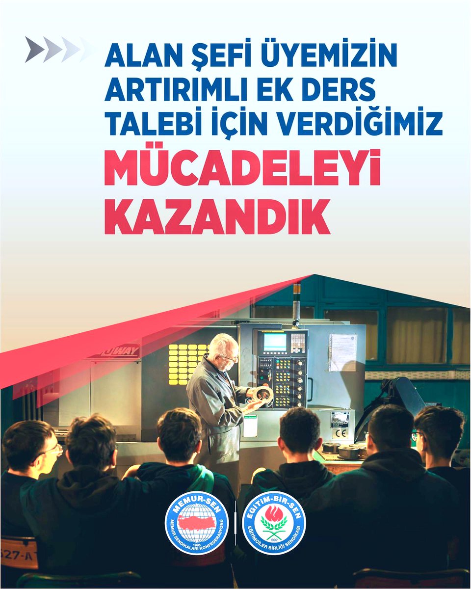 🔴 Alan Şefi Üyemizin Artırımlı Ek Ders Talebiyle İlgili Verdiğimiz Hukuk Mücadelesini Kazandık

▪️ Eğitim-Bir-Sen olarak Ankara’da bir Mesleki ve Teknik Anadolu Lisesinde koordinatör ve alan şefi olarak görev yapan yüksek lisans mezunu üyemizin ek ders ücretlerinin artırımlı