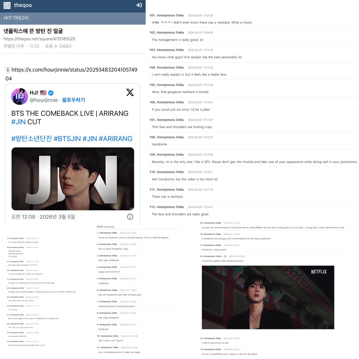 #Jin is the only member trending in the HOT category on TheQoo after today’s Netflix teaser [BTS the comeback live].

Korean netizens are calling Jin a national treasure.. praising his visuals, manners, and body proportions, and asking for "Actor Jin".
 🔗 :