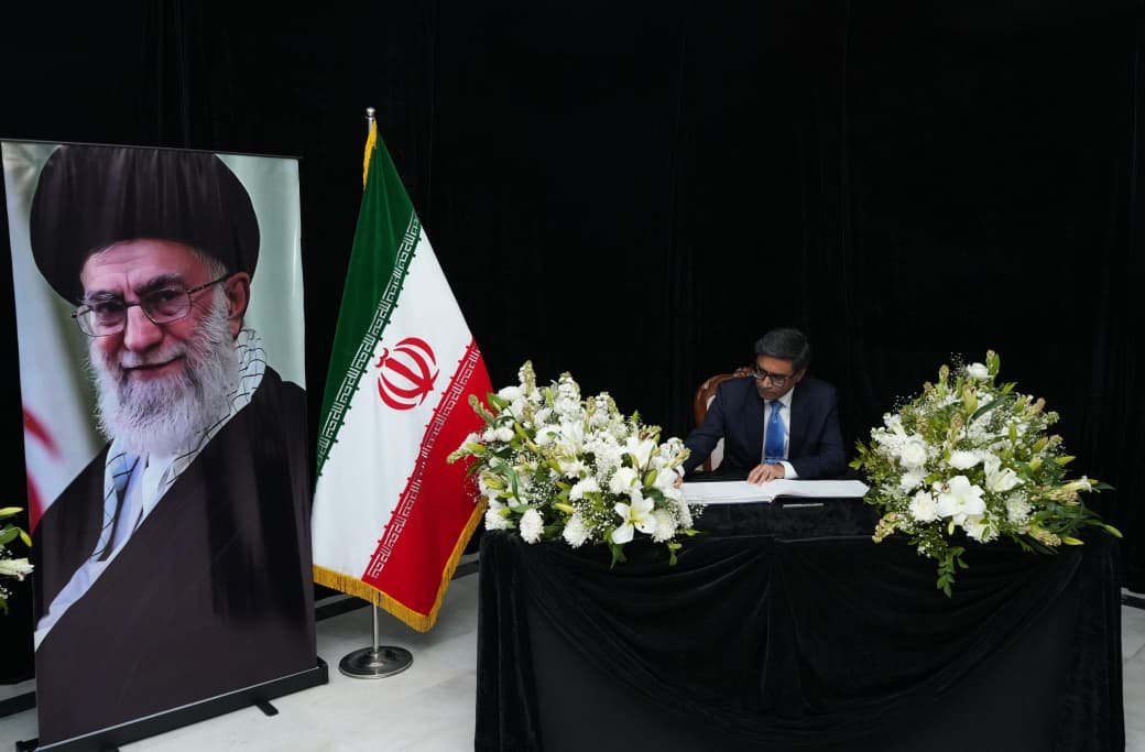 ANI's tweet photo. Foreign Secretary Vikram Misri, on behalf of Government of India, signed the Condolence Book at the Embassy of Iran in New Delhi today, and offered condolences to the slain Supreme Leader of Iran Ayatollah Ali Khamenei. 

(Pics Source: XPD Division, MEA) https://t.co/IvDEjWgp3u