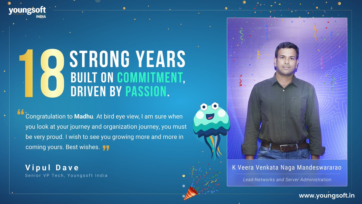 YoungsoftIndia's tweet photo. Celebrating 18 years of dedication, resilience &amp; excellence!

A huge thank you to K Veera Venkata Naga Mandeswararao for being an incredible pillar of strength at Youngsoft. Here's to many more milestones! 🙌

#WorkAnniversary #Youngsoft #18Years #Workiversary https://t.co/2D3yF5yag3