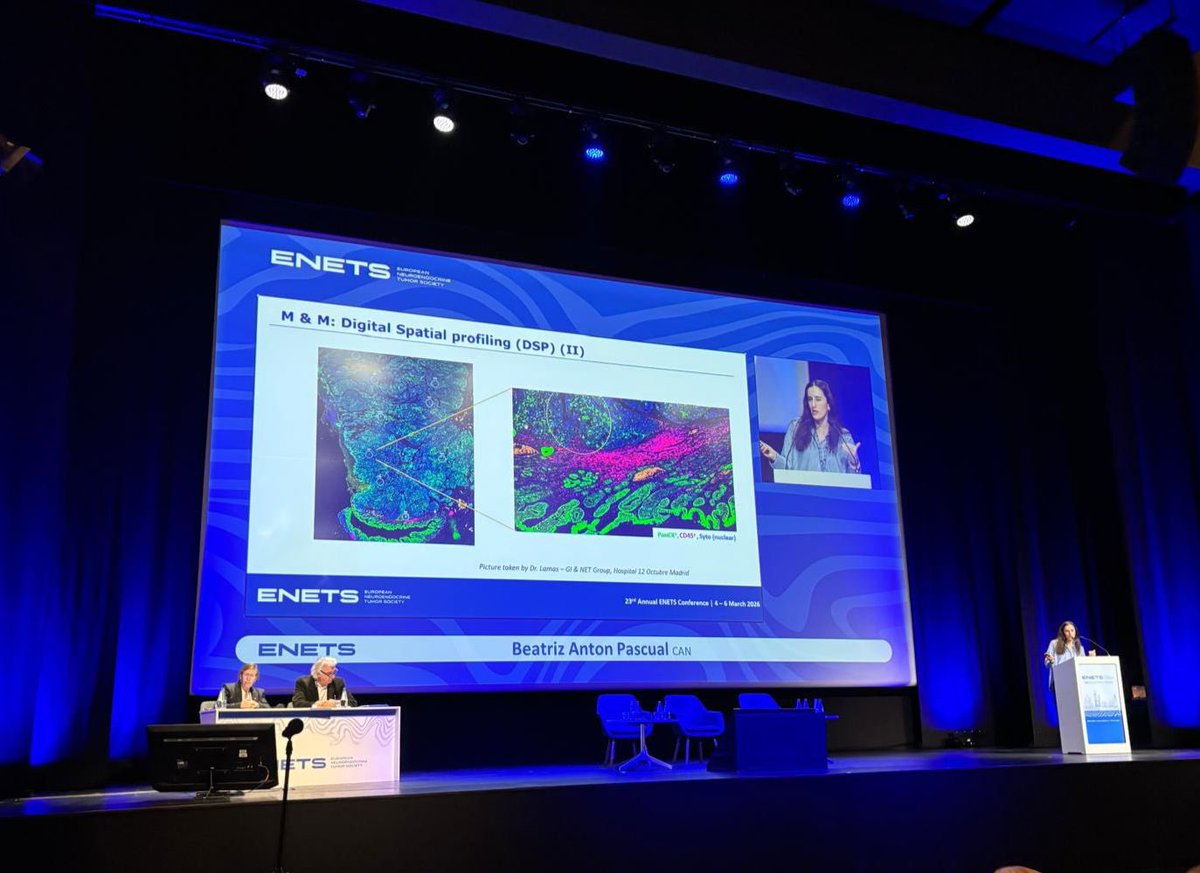 GCarboneroLab's tweet photo. Excellent talk by Beatriz Anton-Pascual at the ENETS 2026 Congress, where she presented part of her PhD research exploring the spatial immune microenvironment as a key factor for predicting immunotherapy response in high-grade NENs.

Great science! 🔬🧫🧬 #ENETS #NENS https://t.co/s8LzAasjum