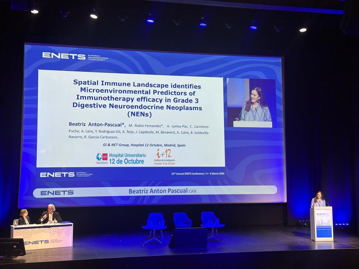 GCarboneroLab's tweet photo. Excellent talk by Beatriz Anton-Pascual at the ENETS 2026 Congress, where she presented part of her PhD research exploring the spatial immune microenvironment as a key factor for predicting immunotherapy response in high-grade NENs.

Great science! 🔬🧫🧬 #ENETS #NENS https://t.co/s8LzAasjum