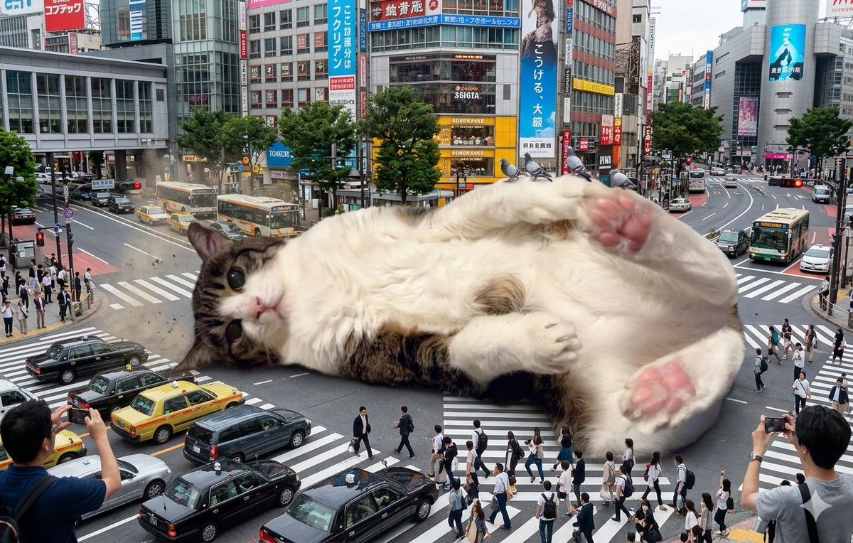 往来で寝そべる体長10mの猫がXで大流行