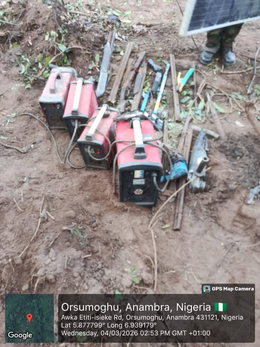 mobilisingniger's tweet photo. UPDATE ON OPERATION EASTERN SANITY: ANOTHER IPOB/ESN STRONGHOLD FALLS, AS TROOPS SUSTAIN OFFENSIVE IN ANAMBRA AND IMO STATES

Troops of Operation EASTERN SANITY is sustaining aggressive clearance operations against the proscribed Indigenous People of Biafra (IPOB) and its armed affiliate, the Eastern Security Network (ESN), within the Area of Operations. The coordinated operation is aimed at  restoring lasting peace and security in the region.

On 3 March 2026, troops in conjunction with other security agencies, with close air support from the Nigerian Air Force continued the ongoing clearance operations at Camp Gbadoanya in Orsumoghu, Ihiala Local Government Area of Anambra State. The joint force advanced to clear remnants of IPOB/ESN terrorists operating in the camp and its surrounding areas.

During the operation, several insurgent camps were identified, thoroughly exploited, and destroyed. Items recovered include, Pump action guns, locally made dane guns, assorted rifle magazines, different rifle working parts, belts of ammunition and cutting machines. Others are, Biafran currencies, several IED making materials, Biafran Army Band and musical equipments amongst other items. 
a Biafran flag and a Biafran Army Headquarters flag were also  recovered. Troops destroyed the flags and hoisted Nigerian flag in the camps.

In continuation of the operations, on 4 March 2026, troops also destroyed several other camps within camp Gbadoanya. Troops also discovered and dismantled an Improvised Explosive Device (IED) fabrication site, which was carefully exploited and destroyed. Several IED making items were recovered from the sites. These include, several welding machines, drilling machines and filling machines. Several car batteries, one electrode welding handle, twelve locally fabricated guns and rifle components, as well as other IED equipment.
