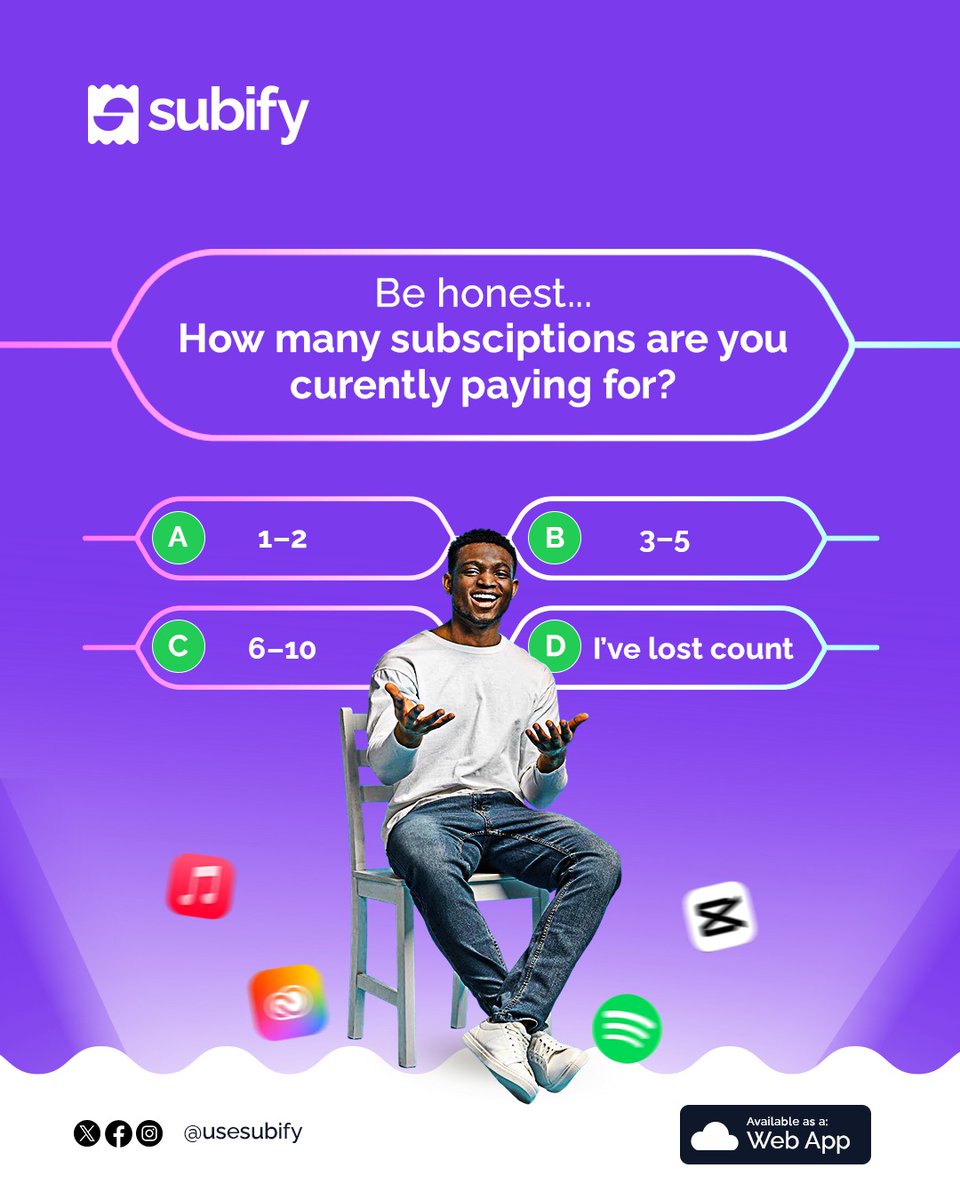 “Be honest 👀… How many subscriptions are you currently paying for?”
A) 1–2
B) 3–5
C) 6–10
D) I’ve lost count 😭

Drop your answer below 👇
#Subify