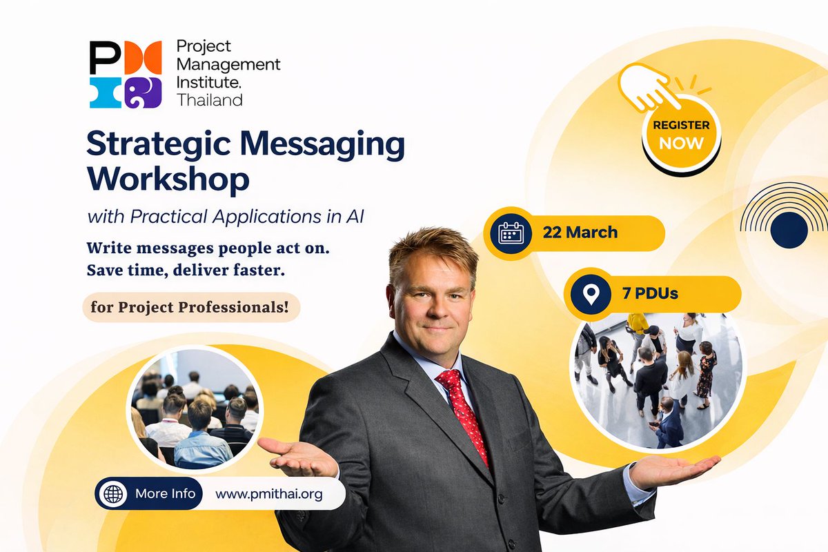 BMAOwner's tweet photo. PMI Thailand Chapter accepted our founder's application to act as the volunteer speaker so he will facilitate the Strategic Messaging Workshop in Bangkok on Sunday 22 March 2026.

https://t.co/ElDZRXLIEA https://t.co/7lyN0J5Kb6