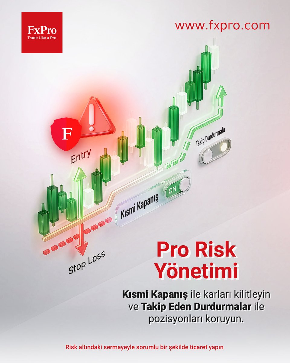 Etkili risk yönetimi, her işlem stratejisinin önemli bir parçasıdır.

Kısmi Kapanış ile potansiyel kârlarınızı kilitleyin ve Takip Eden Durdurmalar ile piyasalar hareket ederken pozisyonlarınızı korumaya yardımcı olun.

FxPro ile sorumlu şekilde işlem yapın.

Sermaye risk
