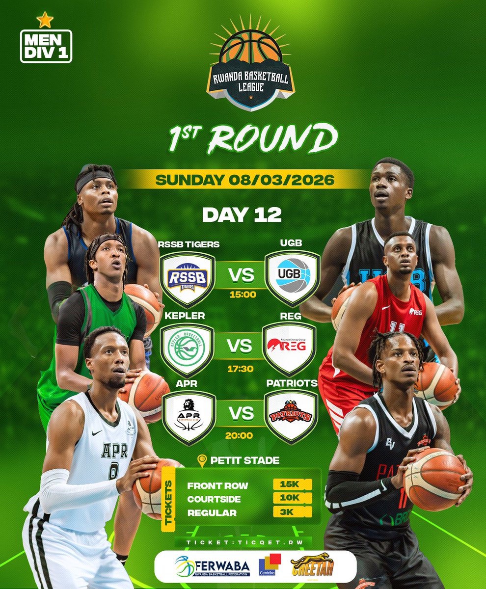 #RBL26 is back this Sunday, 8th March 2026! 🔥

Check out the Day 12 fixtures in the Men’s Division 1 and get ready for another thrilling round of action.

🎟️ Secure your tickets now at ticquet.rw and experience the excitement live!