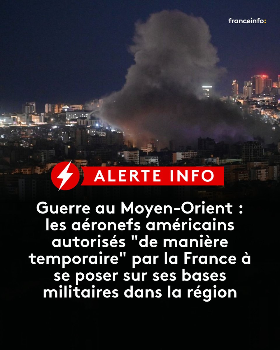 franceinfo's tweet image. ALERTE INFO - "Dans le cadre de nos relations avec les Etats-Unis, la présence de leurs aéronefs a été autorisée de manière temporaire sur nos bases" dans la région, a déclaré jeudi une porte-parole de l'état-major français.
➡️ l.franceinfo.fr/Tn3