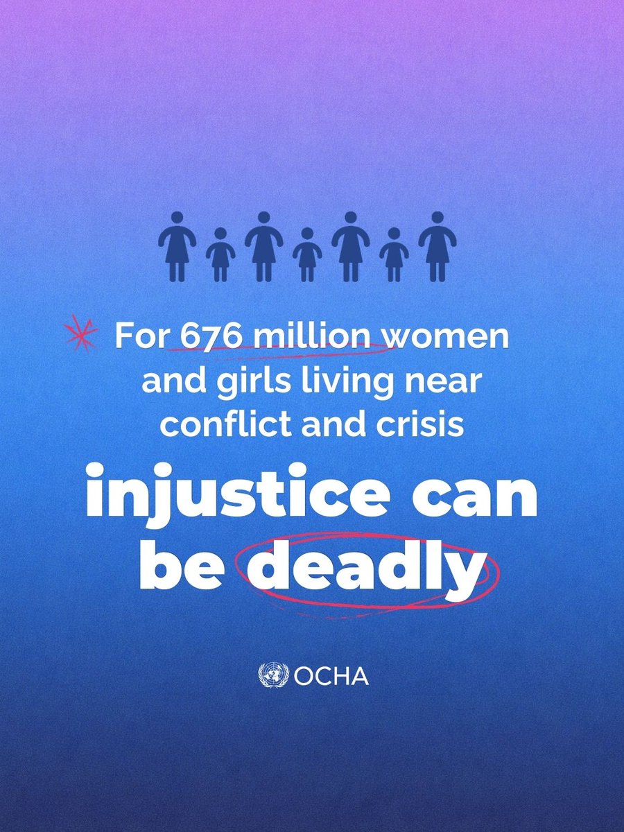 UNOCHA's tweet photo. Conflict and disaster amplify violence and discrimination against women and girls.

Justice is safety, dignity, and unhindered access to life-saving support.

This International Women’s Day, we join calls for:

Justice. Action. Accountability. For ALL women and girls.

#IWD2026 https://t.co/gUaByTbGPx