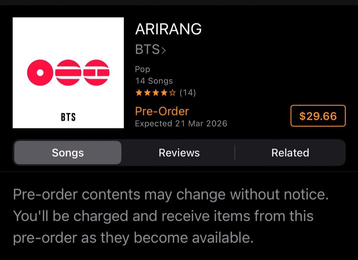 JJWithBangtan1's tweet photo. Hey @iTunes

Attention: 💜🇦🇺Aussie ARMY🇦🇺💜

Why is the Australian iTunes store selling @BTS_twt #ARIRANG digital album for twice the price of the BTS store option during pre-order?

$29.66 AUD vs $14.99 AUD

Any chance you would consider reducing your price please? https://t.co/jfuVshyCb7