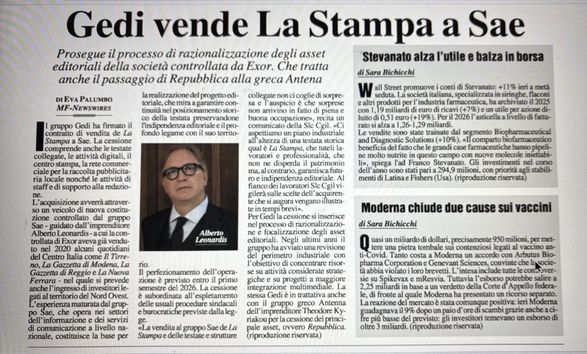 evapalumbo's tweet photo. Oggi su #MF #editoria #Sae in campo per comprare La Stampa dal gruppo #Gedi di #Exor. Closing in 1* semestre https://t.co/4SNflRHcar