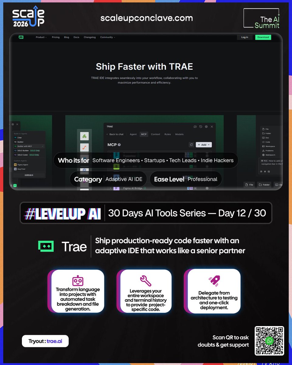 scaleupvillage's tweet photo. ⚡ #LevelUpAI Day 12/30

Meet Trae — an adaptive AI IDE that helps you ship production-ready code faster.

Break down projects.
Generate files.
Deploy smarter.

Learn &amp; ask doubts:
https://t.co/lKxLTloqU7

#AI #DevTools #ScaleUp2026 https://t.co/TzOLl7YTXA