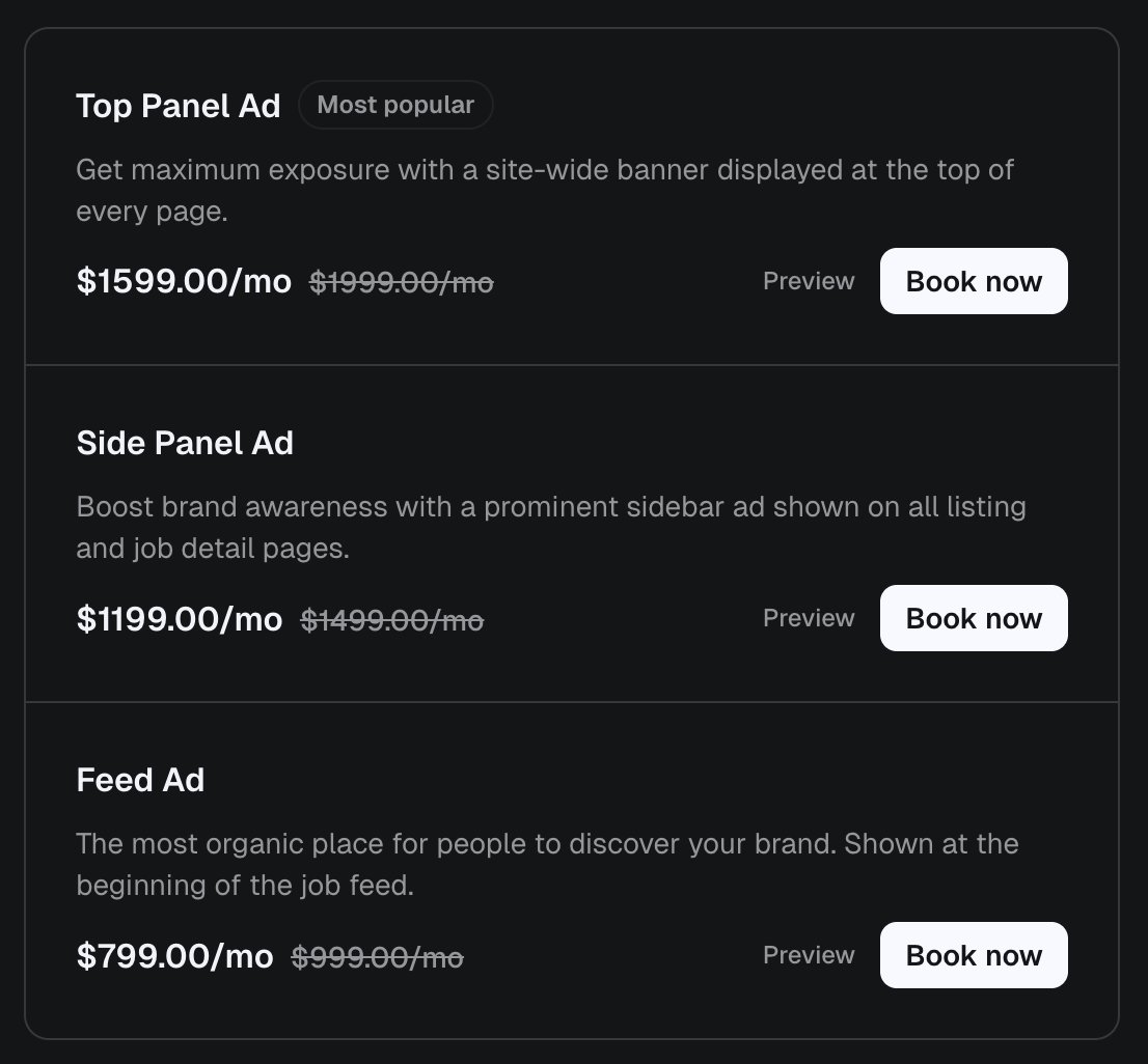 🟢 Today at RemoteYeah

Updated the advertising layout to include three ad placements: top panel, side panel, and feed.

Get your product in front of 60,000+ remote software engineers.

3 ad slots. Starting at $799/mo.