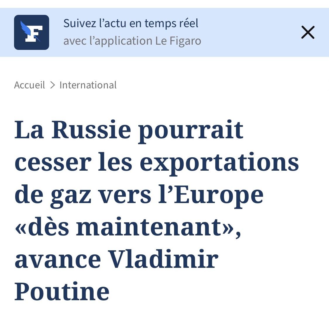 Ça fait 4 ans que les européens crachent à la gueule de la Russie. 
Mais maintenant ils ont besoin de son gaz.
Sauf que Poutine ne veut plus en entendre parler.
Verdict.
Tant que la bande de tocards sera en place en Europe, nous serons dans la merde...
Ils doivent TOUS dégager…