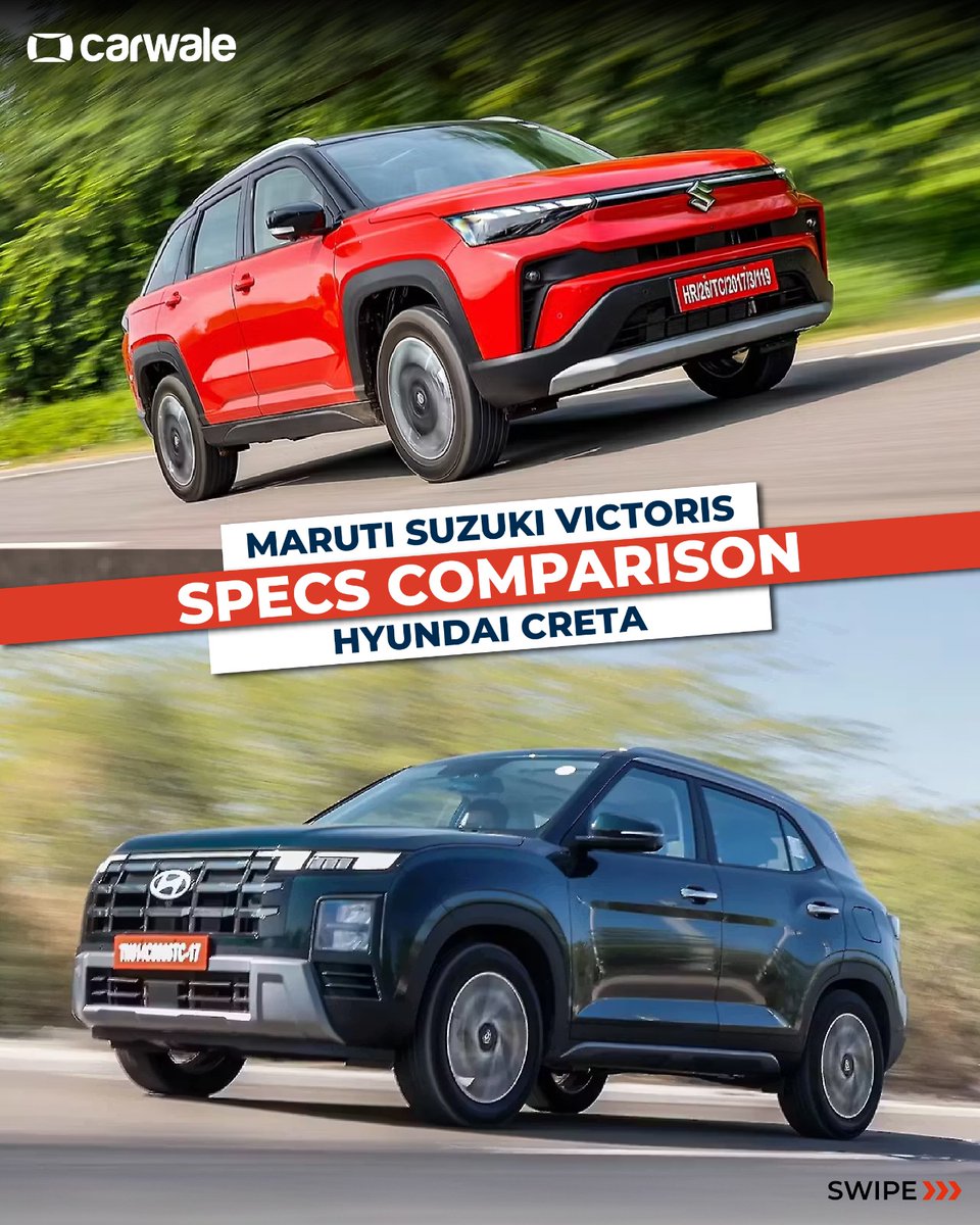 CarWale's tweet photo. The new mid-size SUV showdown is here! ⚔️🚙
The #Maruti Suzuki Victoris takes on the ever-popular #Hyundai Creta in a specs comparison.
Swipe through to see the full specs comparison. 👉
#victoris #marutisuzukivictoris #creta #hyundaicreta #cwactivity #cwcomparison #cars https://t.co/rT1DM71nZw
